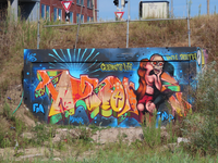 850603 Afbeelding van het graffitikunstwerk met de titel 'CELEBRATE LIFE… UNTIL DEATH', op een uitbouwtje op de ...